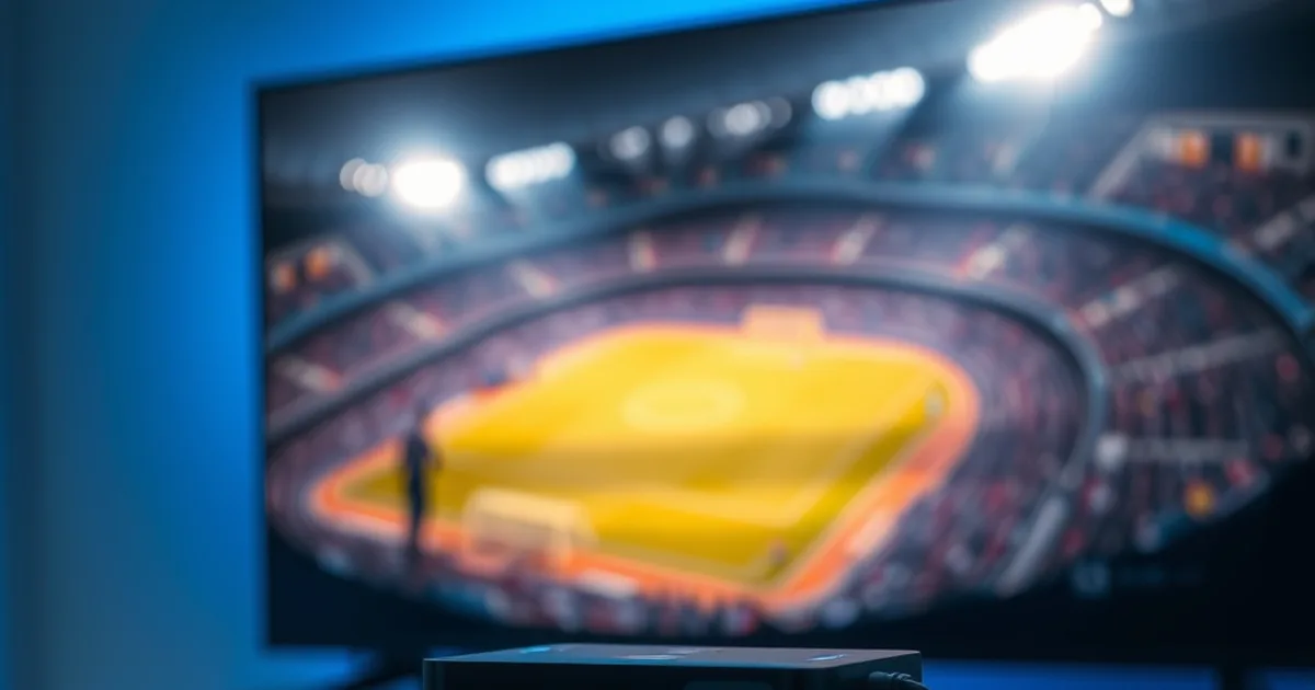 Drie Android TV boxen op een donker mediakastje met een voetbalwedstrijd wazig op de achtergrond op tv