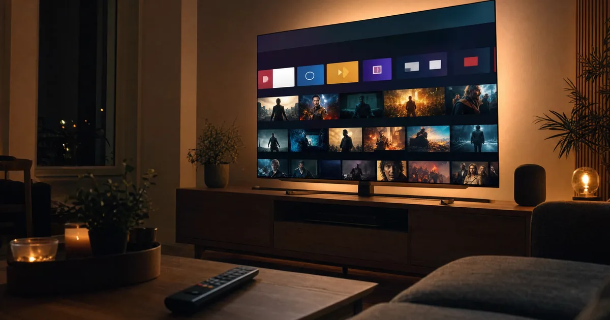 Smart-tv met een IPTV-app-interface met zenders en films, warm avondlicht in de woonkamer