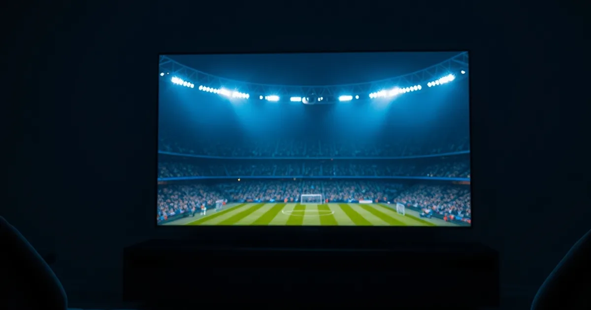 Donkere woonkamer met een groot tv-scherm dat 's avonds een sfeervol verlicht Champions League-stadion toont