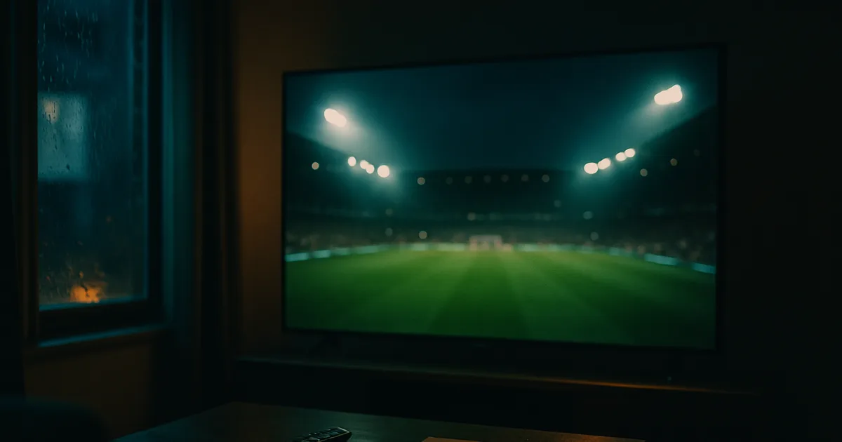 Donkere woonkamer bij avond met een groot tv-scherm dat een verlicht voetbalstadion toont, een afstandsbediening en een opgevouwen contract op de salontafel op de voorgrond.