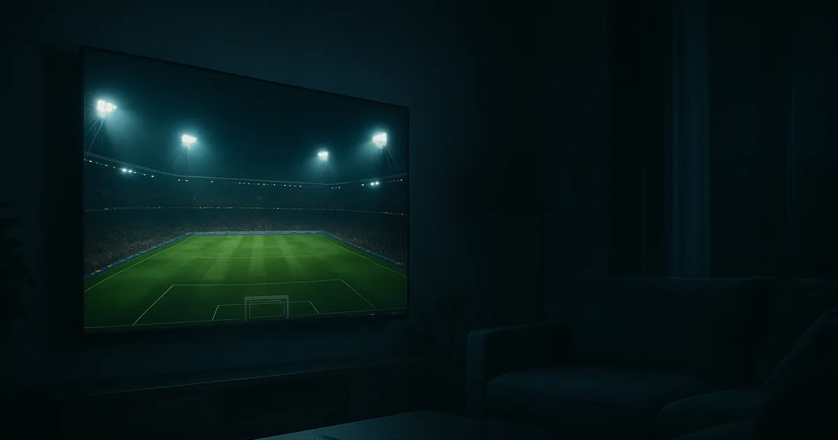 Donkere woonkamer bij avond waarin een groot televisiescherm een verlicht voetbalstadion toont; op de salontafel liggen een afstandsbediening en een streamingbox, met warm schermlicht dat over de bank valt.