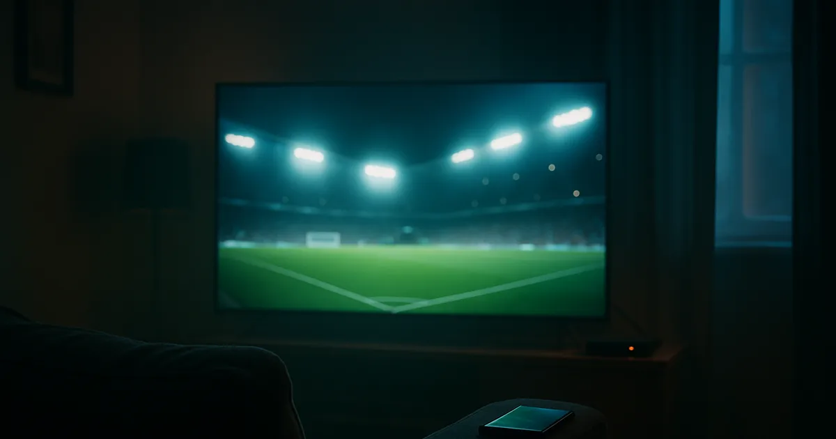 Donkere woonkamer in de schemering waarin een grote televisie een verlicht voetbalstadion toont, terwijl een smartphone en tablet op de bank dezelfde wedstrijd laten zien naast een tv-kastje met oplichtend lampje.