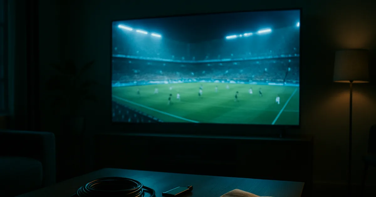 Donkere woonkamer 's avonds waarin een groot tv-scherm een verlicht voetbalstadion toont, met op de salontafel een losgekoppelde coaxkabel naast een streamingstick en een verkreukelde rekening.