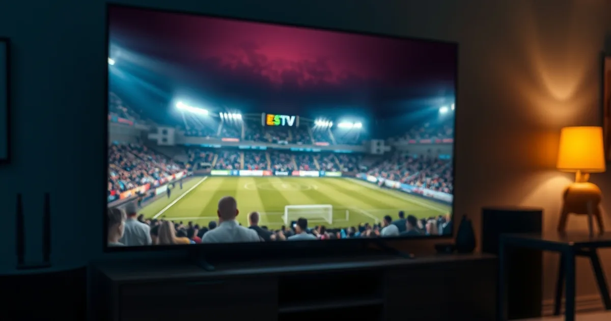 Donkere woonkamer waarin een televisie een voetbalwedstrijd toont, met een Fire TV Stick, een router en een telefoon met een snelheidstest zichtbaar op de salontafel.
