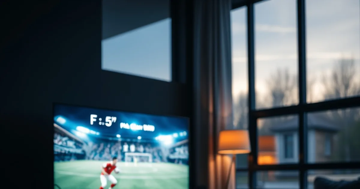 Donkere huiskamer in de avond met een tv die een live voetbalwedstrijd toont, een streamingbox en router op de tv-kast, en een laptop met een internetsnelheidstest op de salontafel