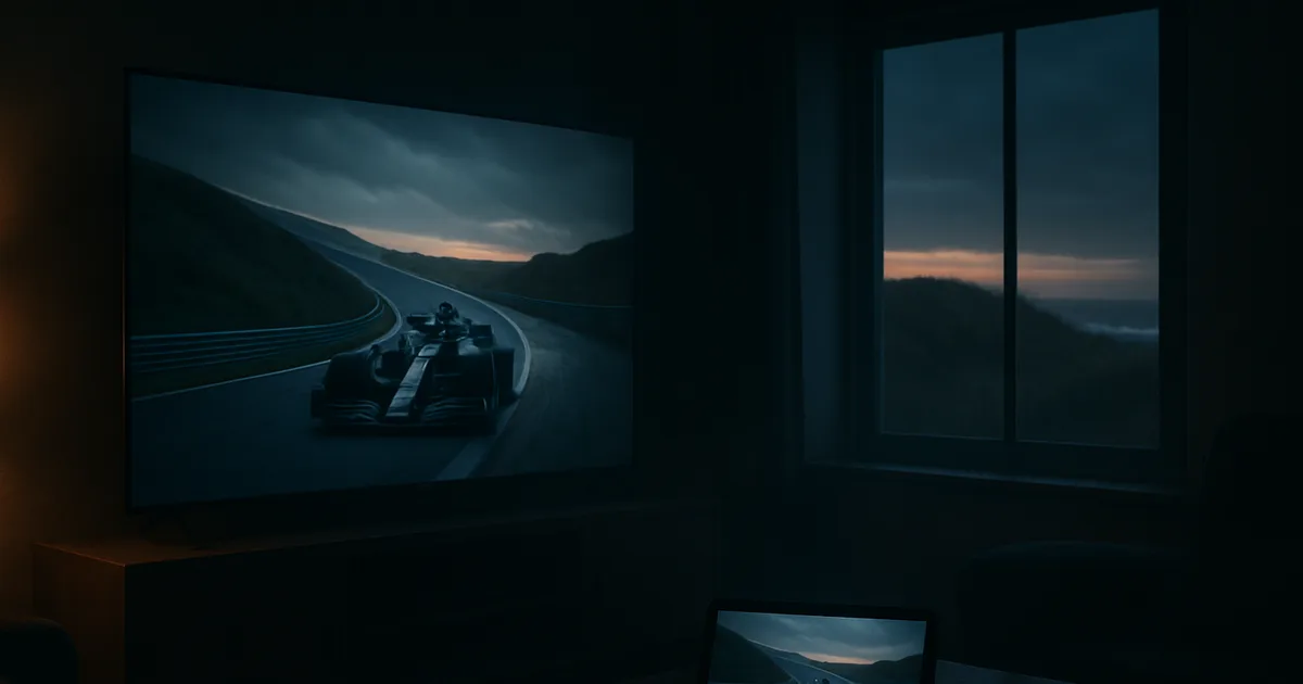 Donkere woonkamer bij schemering waarin een grote televisie een raceauto in de duinen toont, terwijl een tablet en telefoon op tafel dezelfde live-uitzending laten zien.