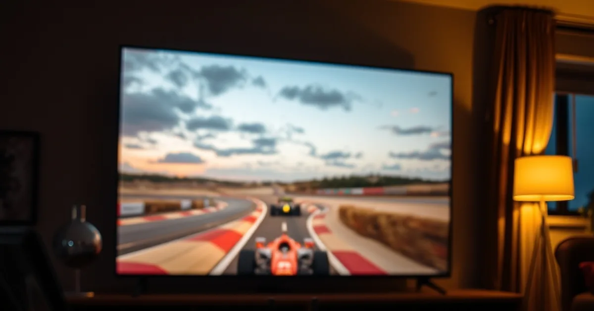 Donkere woonkamer in de schemering met een grote tv die de Formule 1-race in de duinen toont, terwijl een tablet en telefoon op de salontafel dezelfde uitzending laten zien.
