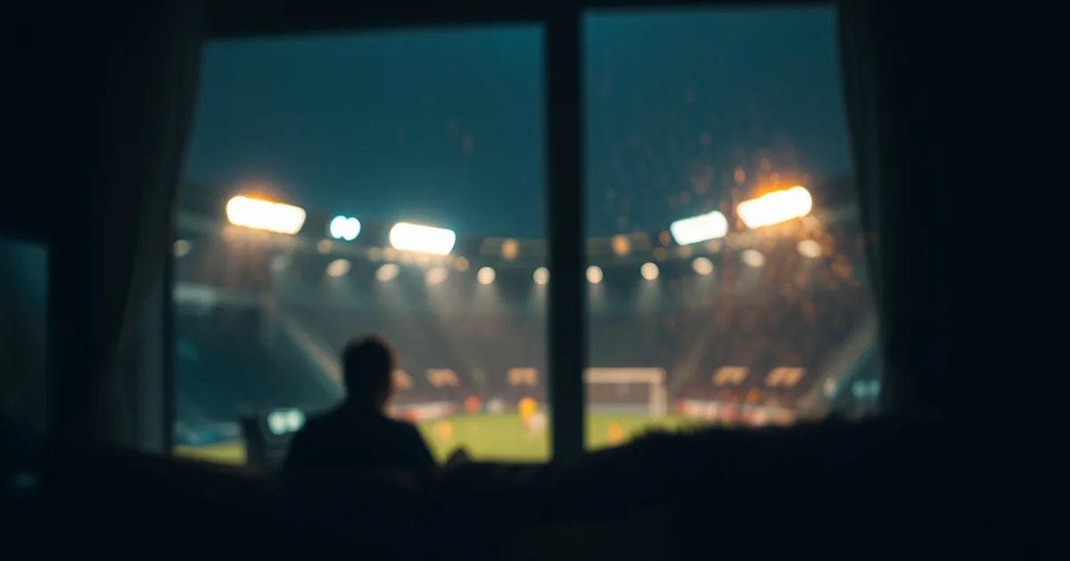 Donkere huiskamer 's avonds, verlicht door het schijnsel van een live voetbalwedstrijd op tv, met een afstandsbediening op de voorgrond.
