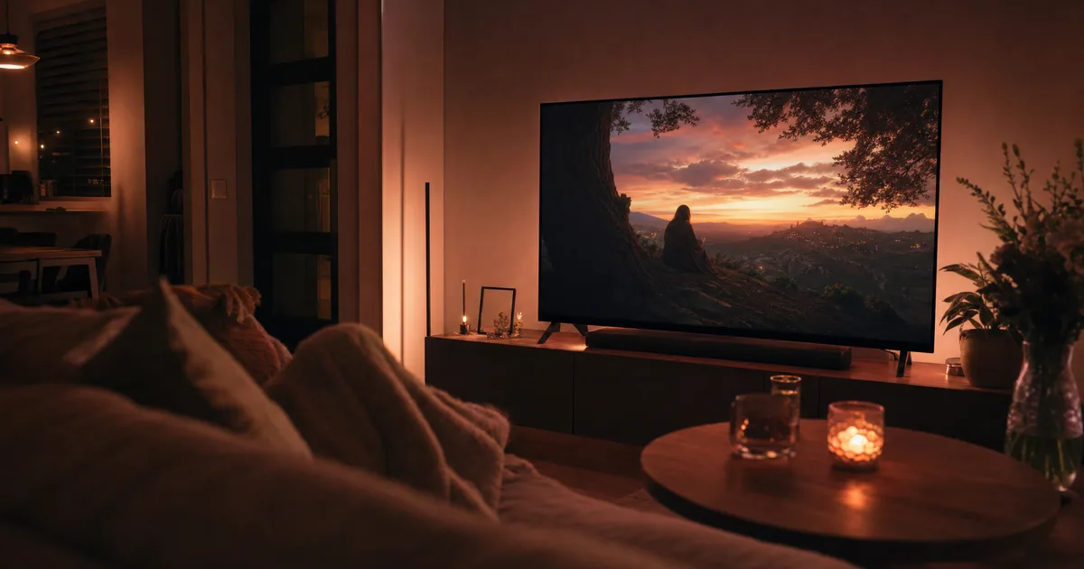 Thuisbioscoop-moment met een grote 4K-televisie die een filmscène toont, warme gloed in een donkere kamer