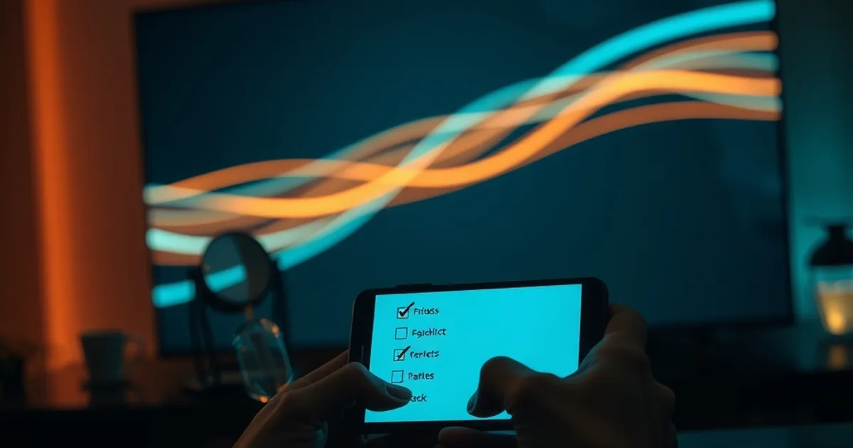 Handen die op een smartphone een checklist controleren met een vergrootglas ernaast, op de achtergrond een wazig gloeiend tv-scherm in een donkere kamer