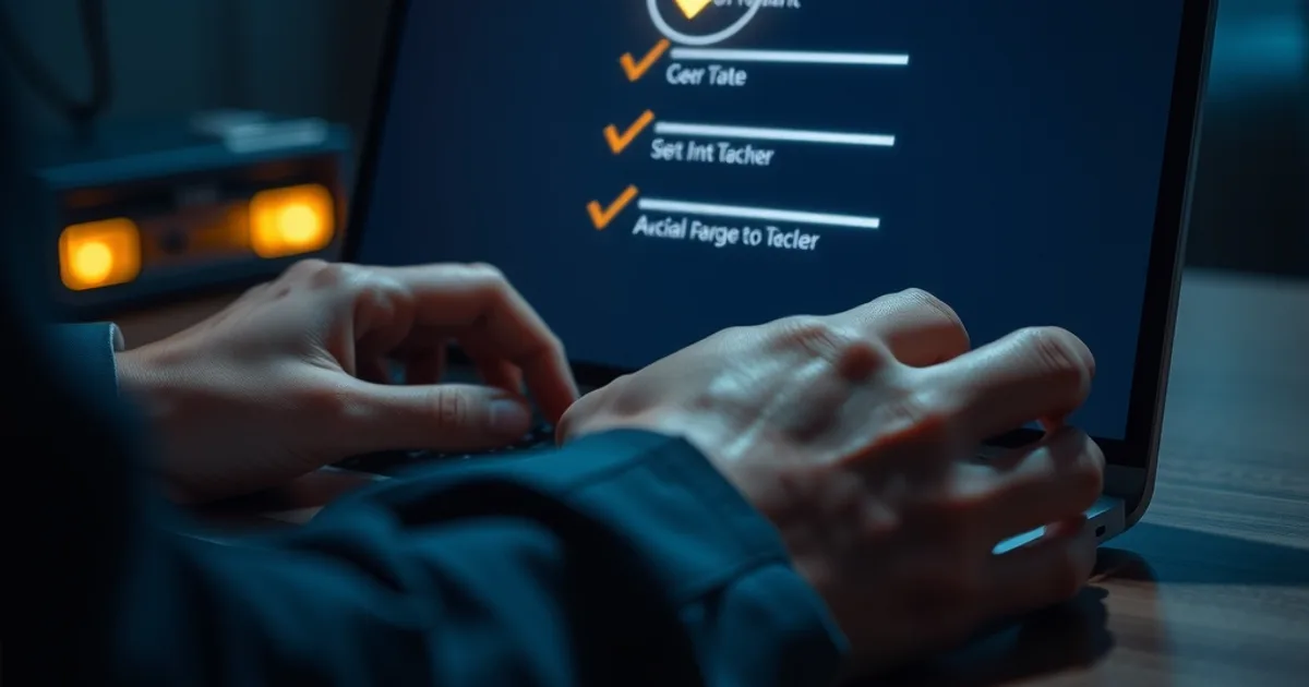 Iemand controleert 's avonds op een laptop een digitale checklist om de betrouwbaarheid van een dienst te verifiëren, in een donkere, sfeervolle setting.