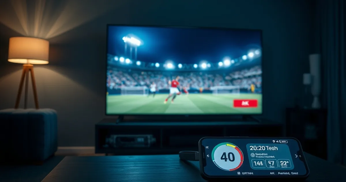 Donkere woonkamer 's avonds met een 4K-tv die een voetbalwedstrijd streamt en een smartphone met een snelheidstest ernaast