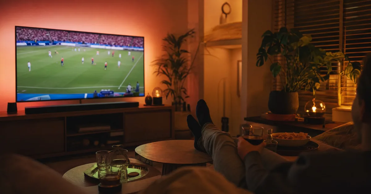 Woonkamer met een live voetbal- of Formule 1-uitzending op een grote televisie in een warme avondsfeer