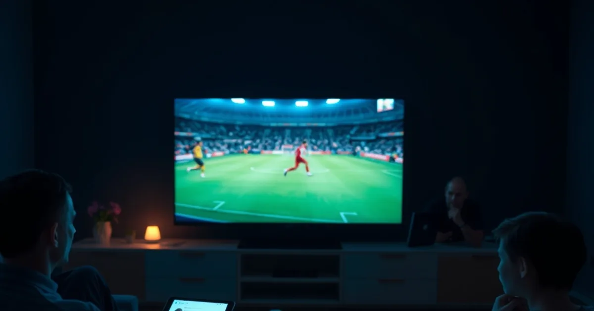 Donkere huiskamerscène met een gezin dat via meerdere schermen tegelijk naar voetbal kijkt, verlicht door het gloeiende licht van tv, tablet en telefoon