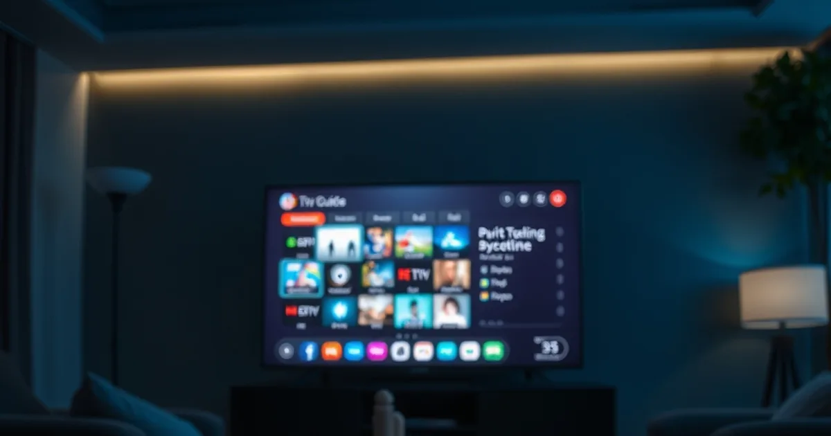 Donkere woonkamer met een televisiescherm dat een kanalengids toont en een afstandsbediening op tafel op de voorgrond