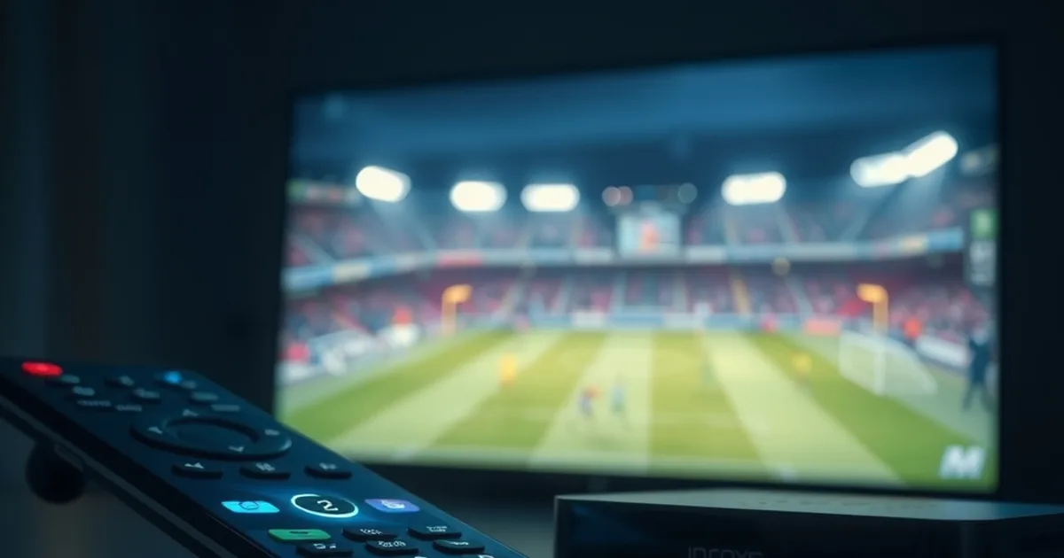 Android-telefoon en tv-box met een live voetbalwedstrijd op het scherm in een donkere huiskamer