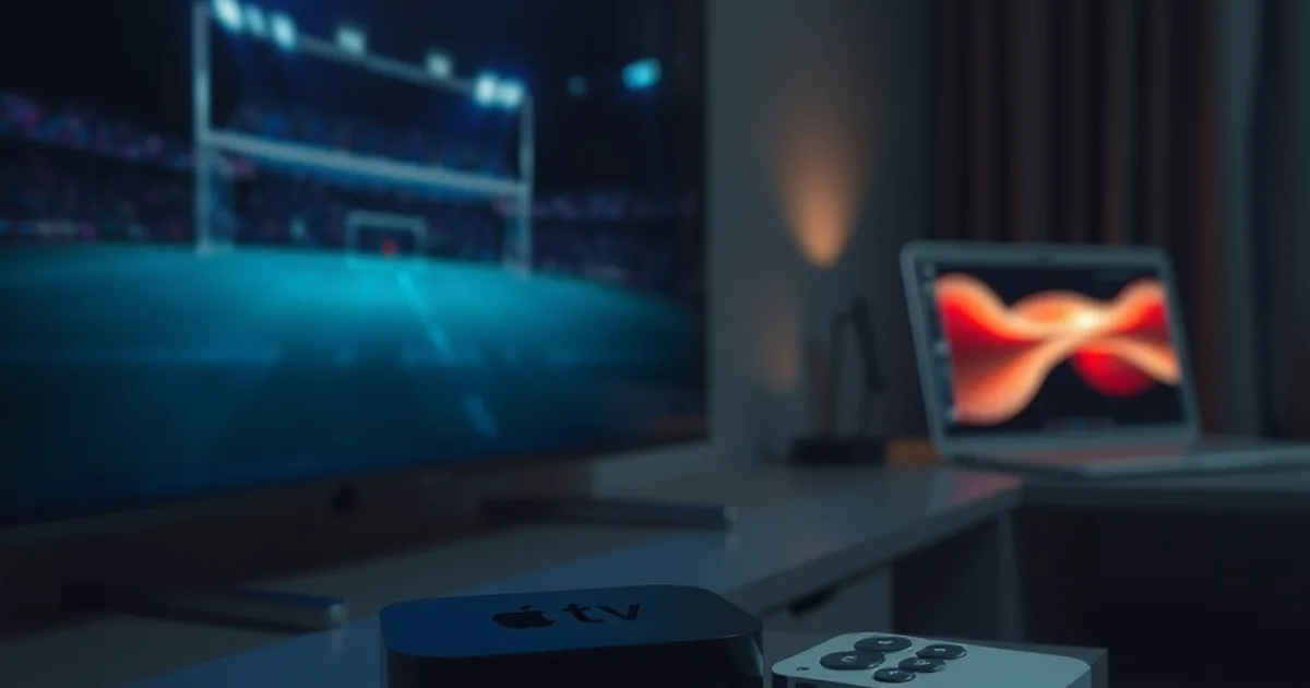 Een Apple TV-doosje op een donker mediameubel, met op de achtergrond een tv die vaag een voetbalveld toont en een oplichtende MacBook die AirPlay suggereert.