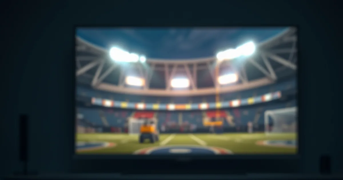 Een moderne IPTV-streamingbox met blauw ledlicht op een donker televisiemeubel, met een tv op de achtergrond die het licht van een voetbalstadion toont