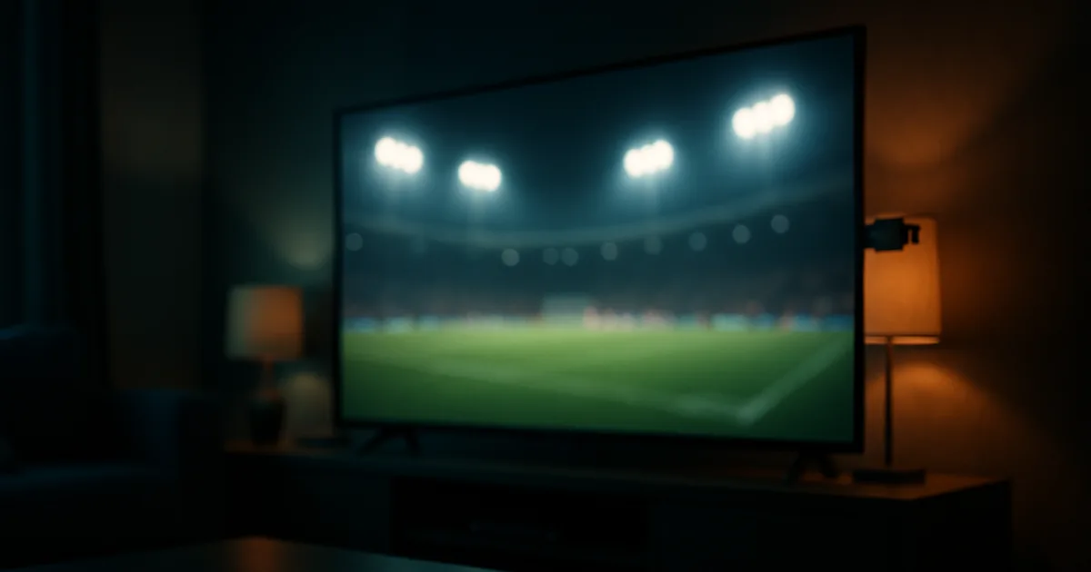 Donkere woonkamer 's avonds met het schijnsel van een groot tv-scherm dat een voetbalveld toont, een streaming-stick in de tv geprikt en een afstandsbediening op een donkere tafel