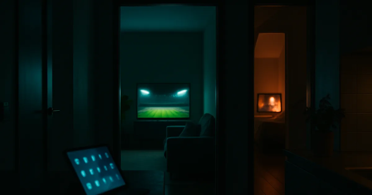 Donker huis 's avonds waarin drie schermen tegelijk aanstaan: een voetbalwedstrijd op de woonkamer-tv, een film op een tv boven en een tablet in de keuken.