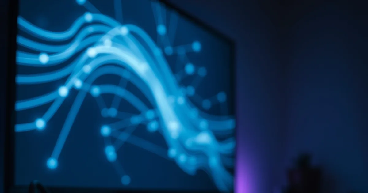 Donkere woonkamer 's avonds met een streaming box en router die knipperen, een ethernetkabel op de voorgrond en een TV-scherm met een zachte blauwe gloed op de achtergrond.