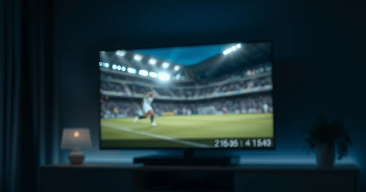 Donkere woonkamer met een IPTV-kastje naast de tv tijdens een live voetbalwedstrijd