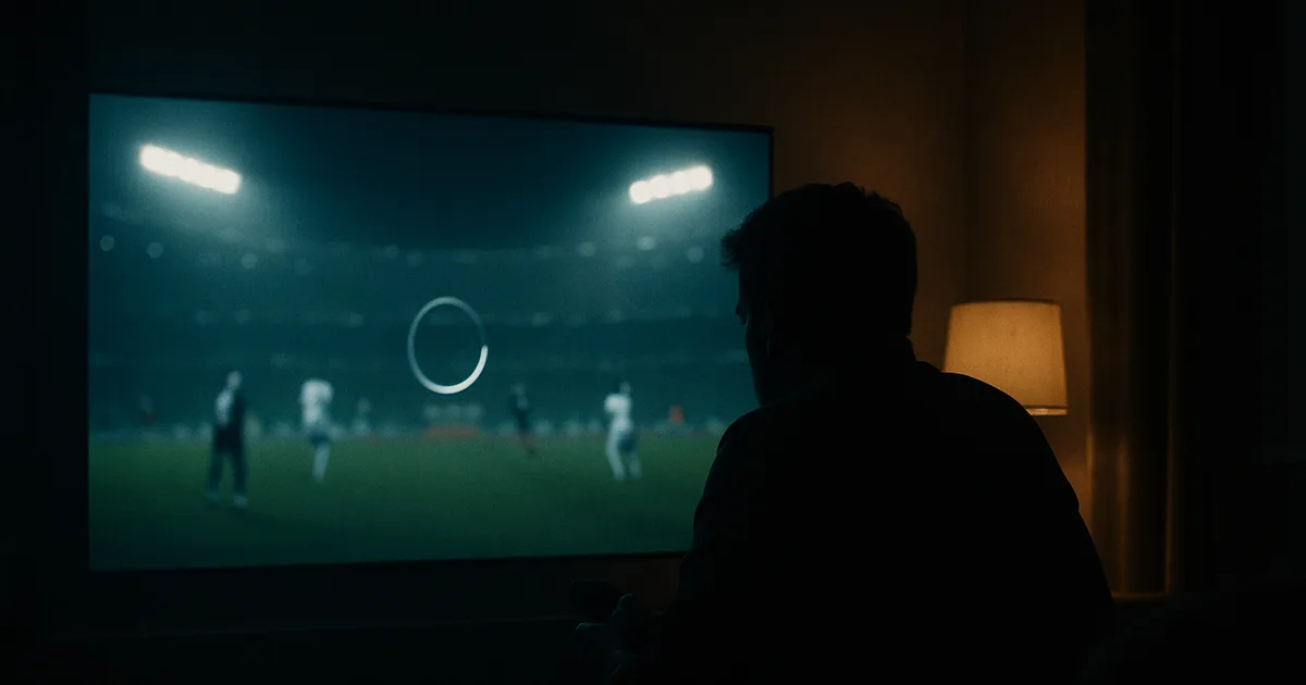 Donkere woonkamer 's avonds, iemand in silhouet op de bank kijkt naar een tv die een voetbalwedstrijd toont terwijl het beeld vastloopt met een bufferring, blauwe tv-gloed tegen warm lamplicht.