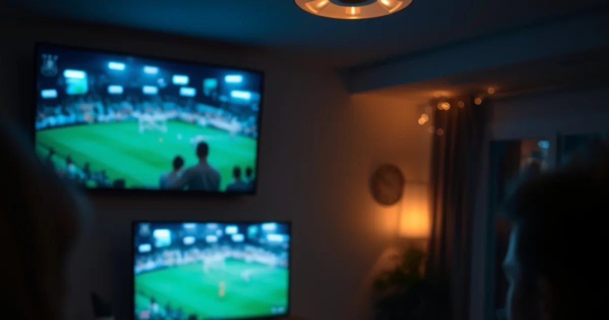 Donkere huiskamer 's avonds met meerdere schermen die tegelijk voetbal tonen, sfeervolle blauwgroene gloed