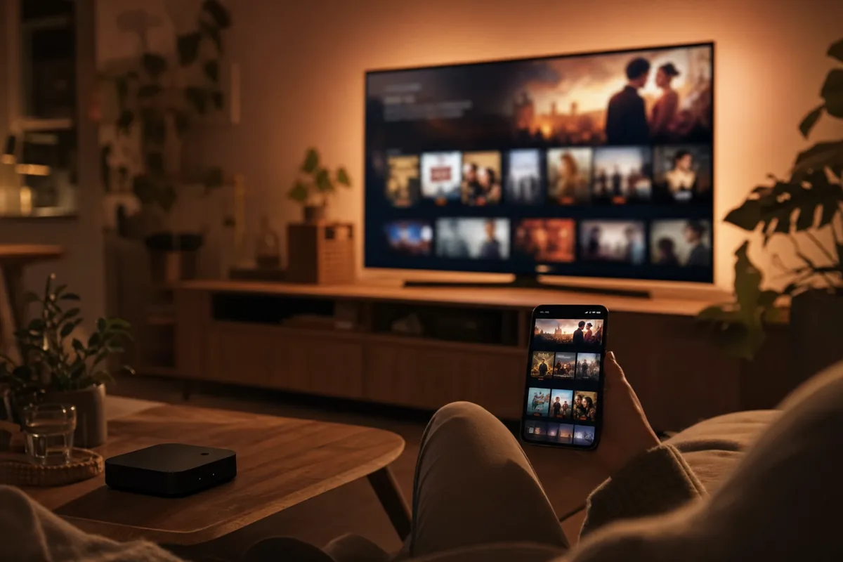 TV-box en smartphone die hetzelfde aanbod tonen naast een grote televisie in een donkere woonkamer