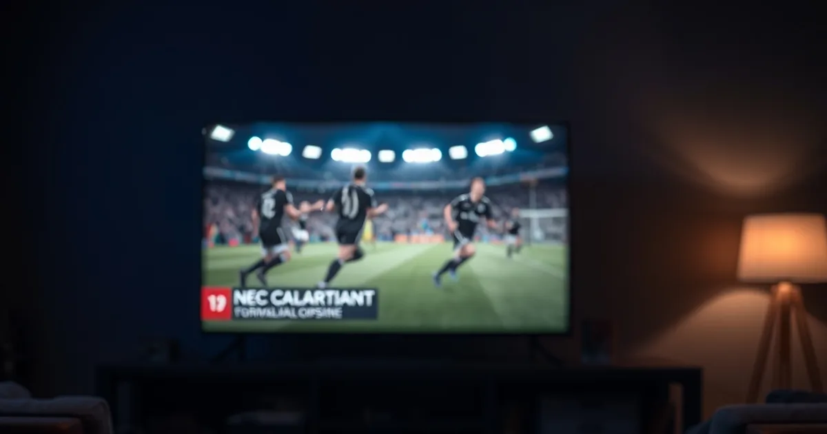 Donkere huiskamer 's avonds met een TV-box en afstandsbediening op tafel, een gepauzeerde voetbalwedstrijd op het scherm met een rood opname-lampje.