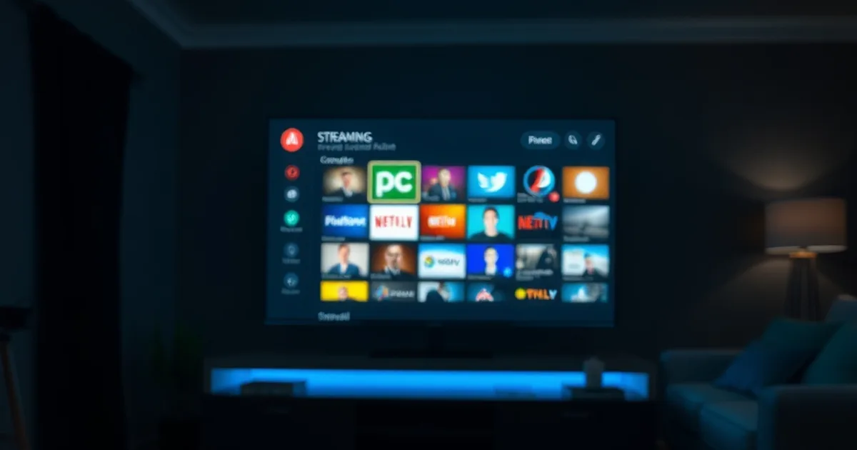 Donkere woonkamer met een tv die een streaminginterface toont en een smartphone met QR-code op tafel