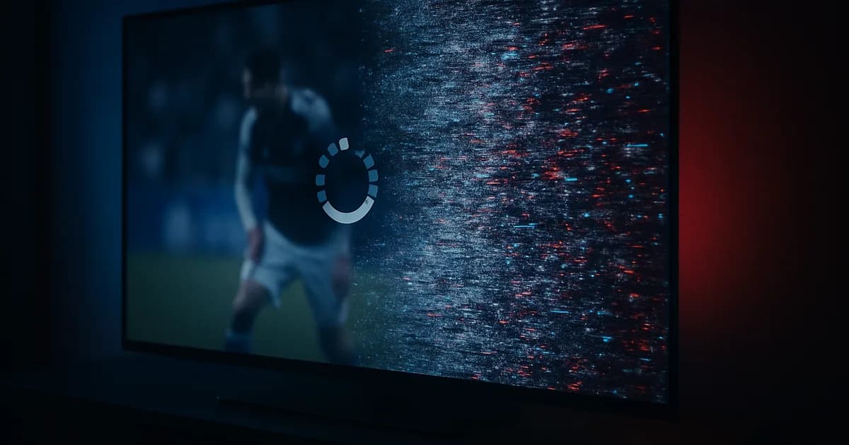 Een TV-scherm dat midden in een livestream vastloopt en overgaat in storing, symbool voor een falende IPTV-provider