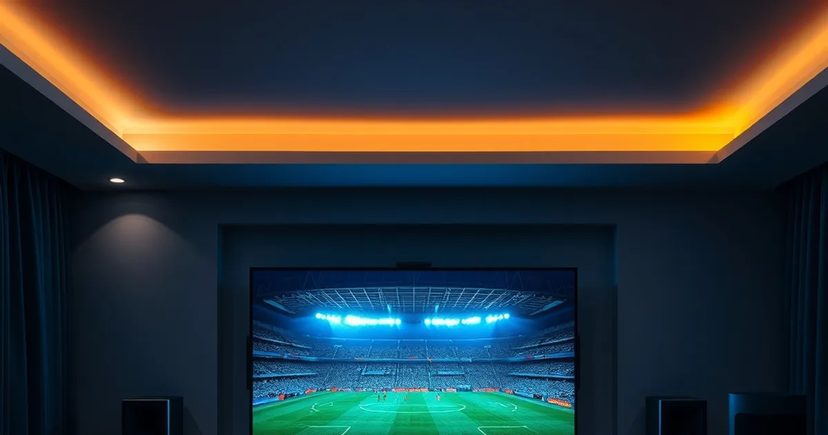 Donkere huiskamer met thuisbioscoopopstelling en surroundspeakers rond een tv die een verlicht voetbalstadion toont