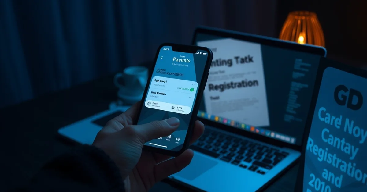 Smartphone met betaalbevestiging naast een laptop met bedrijfsdocumenten op een donker bureau bij nacht