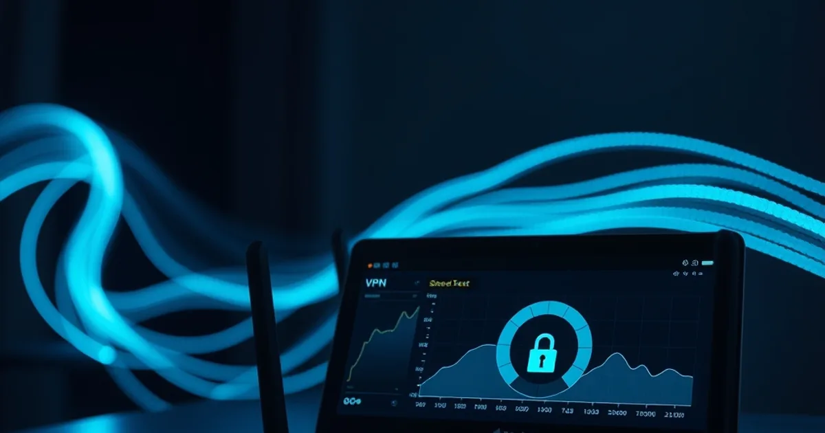 Donkere scène met een router en laptop die twee snelheidsgrafieken tonen, met blauw lichtspoor dat netwerkverkeer symboliseert