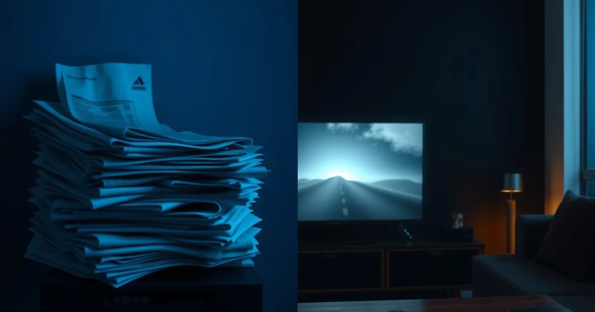 Donkere woonkamer in twee sferen: links een stapel facturen met een ouderwetse kabelbox in koud licht, rechts een strak mediacenter met warm televisielicht — visuele vergelijking van kosten tussen traditionele tv en IPTV.