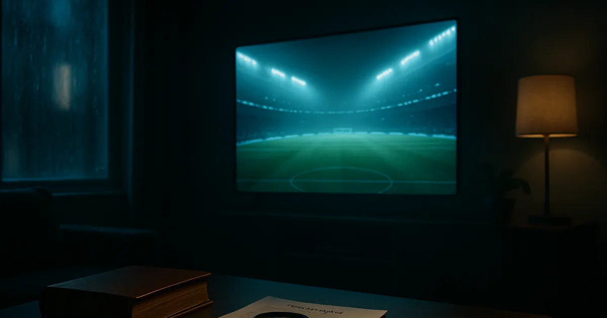 Donkere sfeervolle woonkamer 's avonds met een gloeiend tv-scherm dat een lichtstroom toont, met op de voorgrond vaag een afstandsbediening en een rechtershamer met een document, symbool voor de grens tussen legale en illegale IPTV.