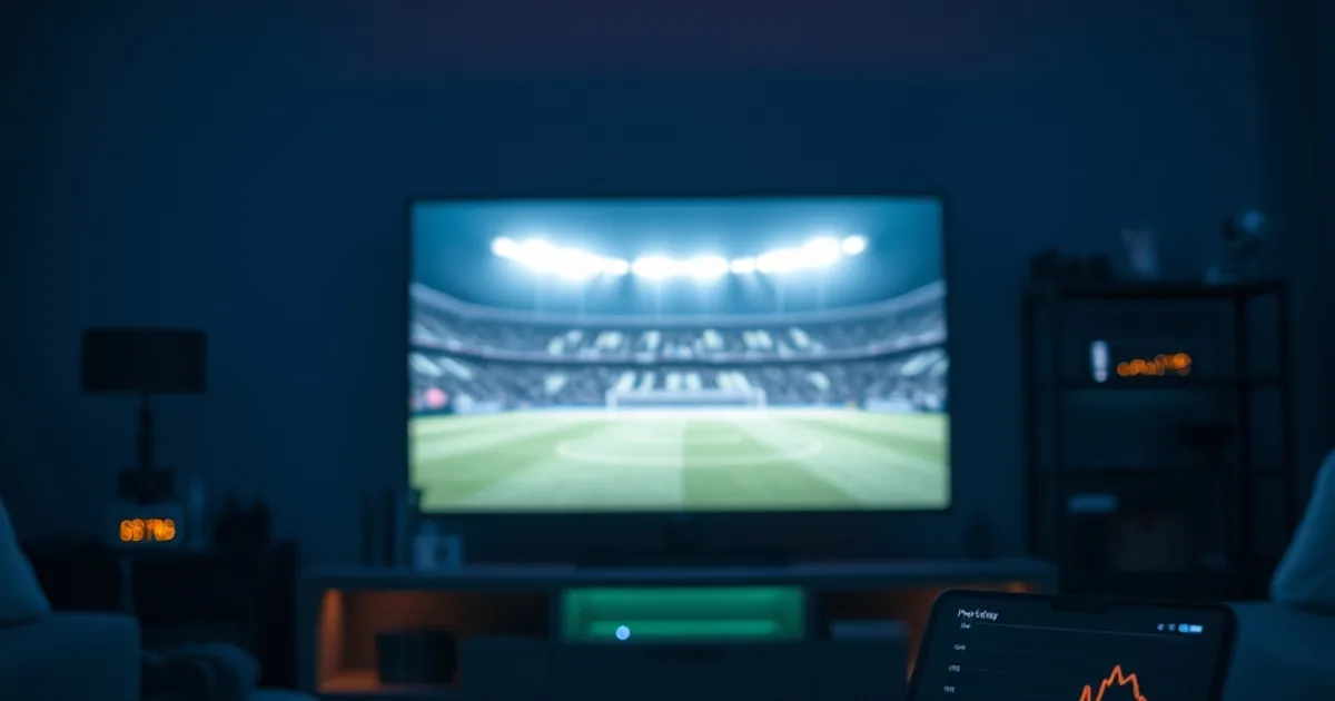 Donkere woonkamer met een bufferende voetbalwedstrijd op tv en een router en smartphone met een snelheidstest op de voorgrond