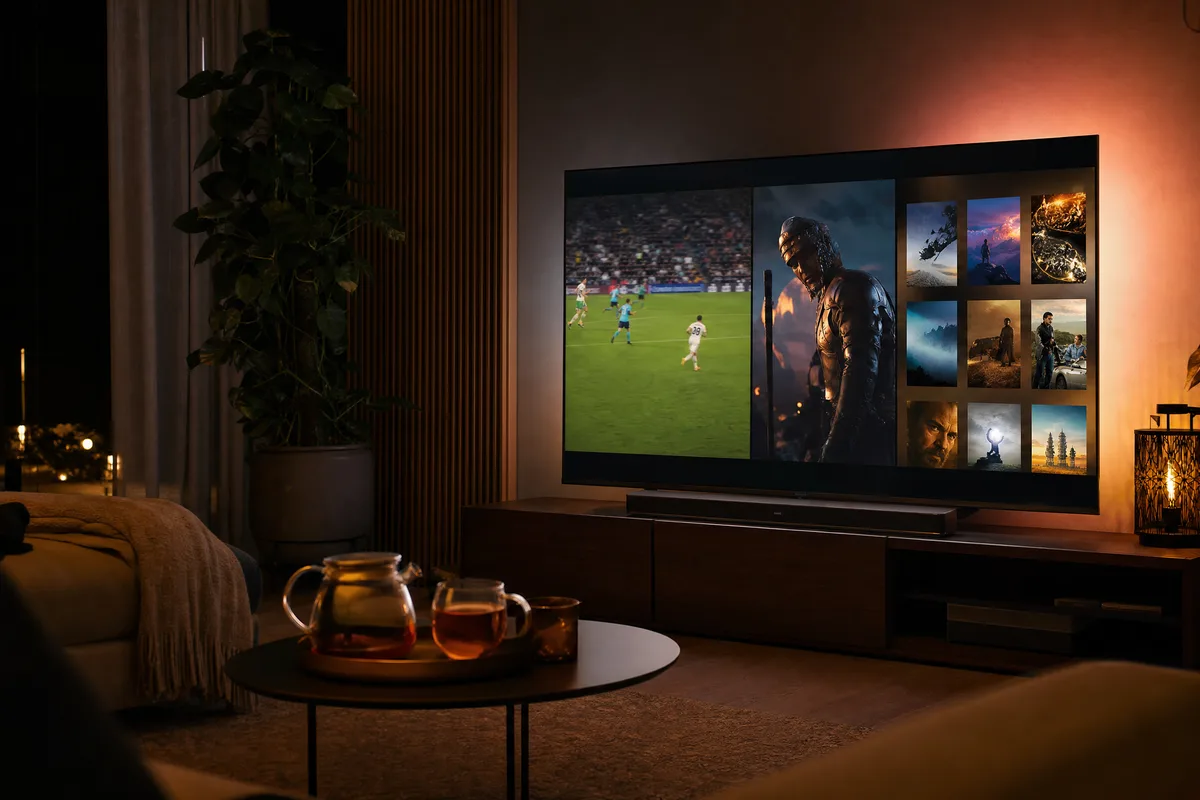 Televisie die live tv, sport en films naast elkaar toont in een warm verlichte donkere woonkamer