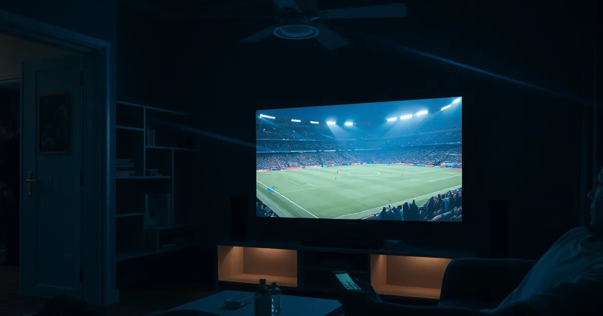 Donkere woonkamer in de avond met een groot tv-scherm dat een verlicht voetbalveld toont, silhouet van een persoon met afstandsbediening op de bank