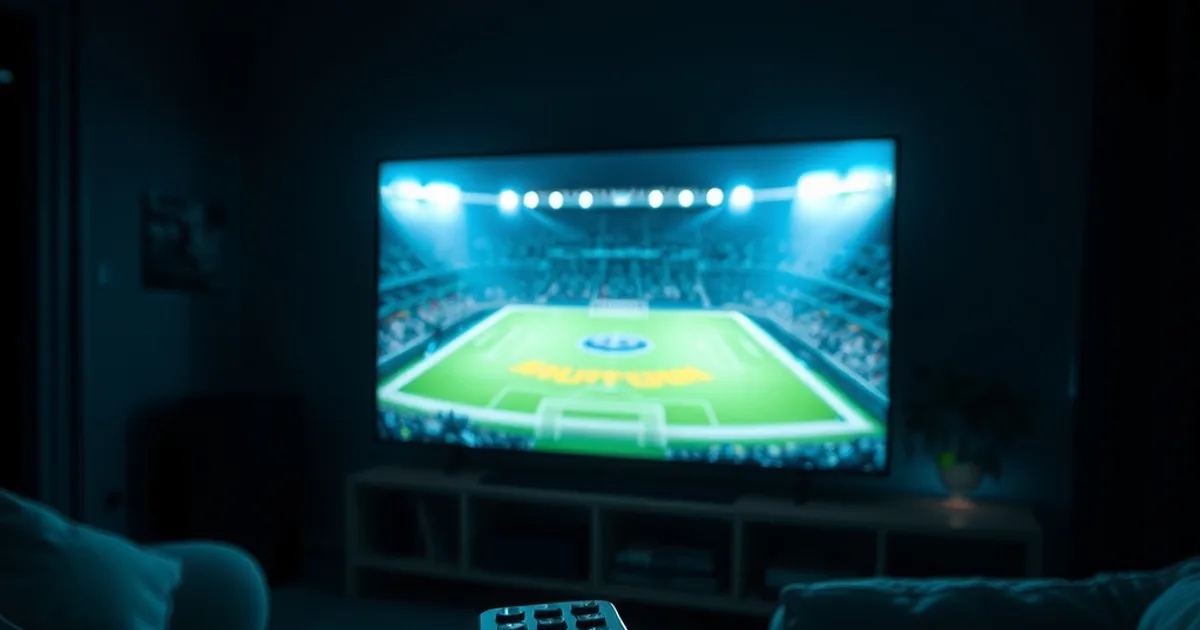 Donkere woonkamer 's avonds met een televisie die het groene licht van een voetbalveld weerspiegelt in de kamer.