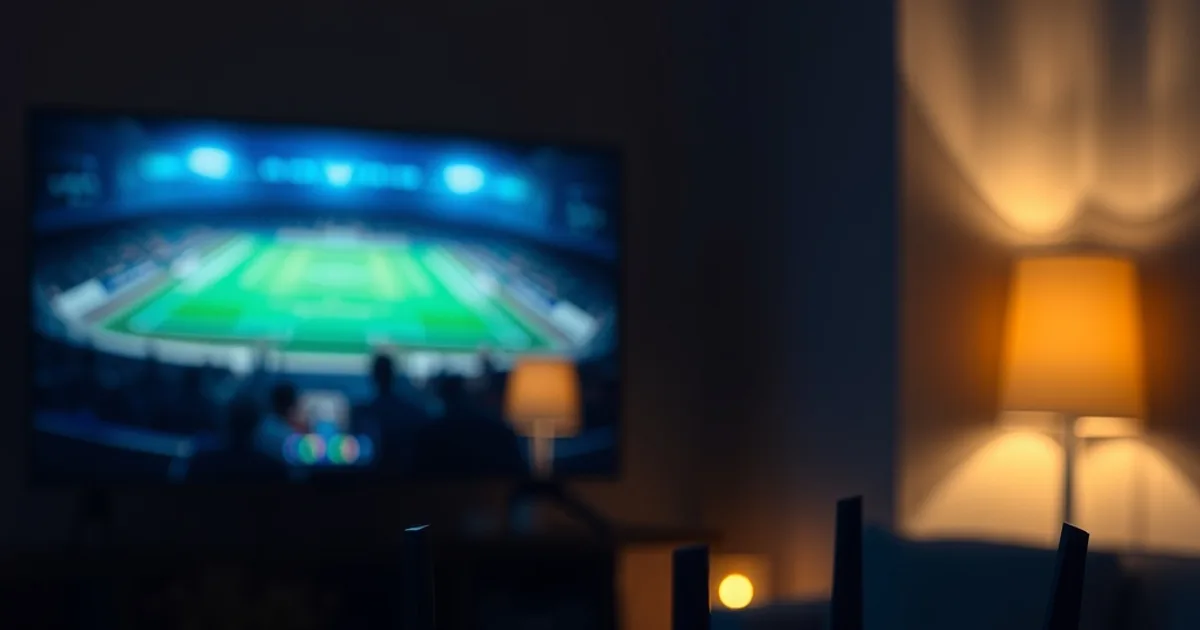 Een moderne router met blauwe ledlampjes op een donker plankje, met op de achtergrond een wazig televisiescherm dat een voetbalwedstrijd toont