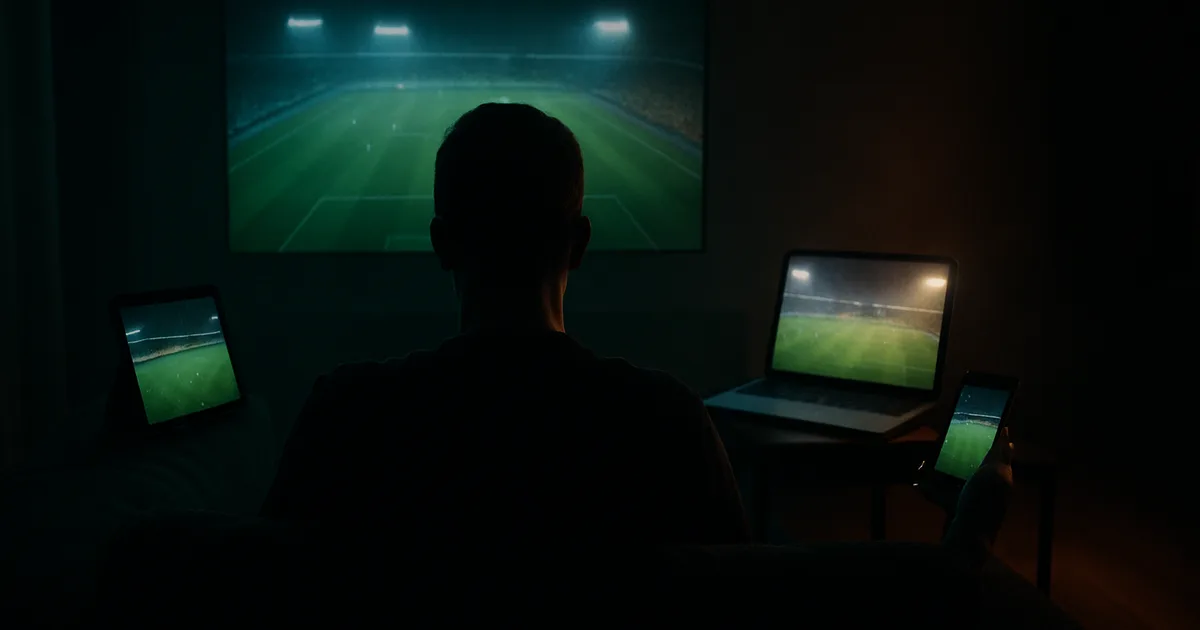 Een kijker in een donkere woonkamer tegenover vier verschillende schermen die elk een andere voetbalwedstrijd tonen, symbool voor de versnipperde uitzendrechten in Nederland.