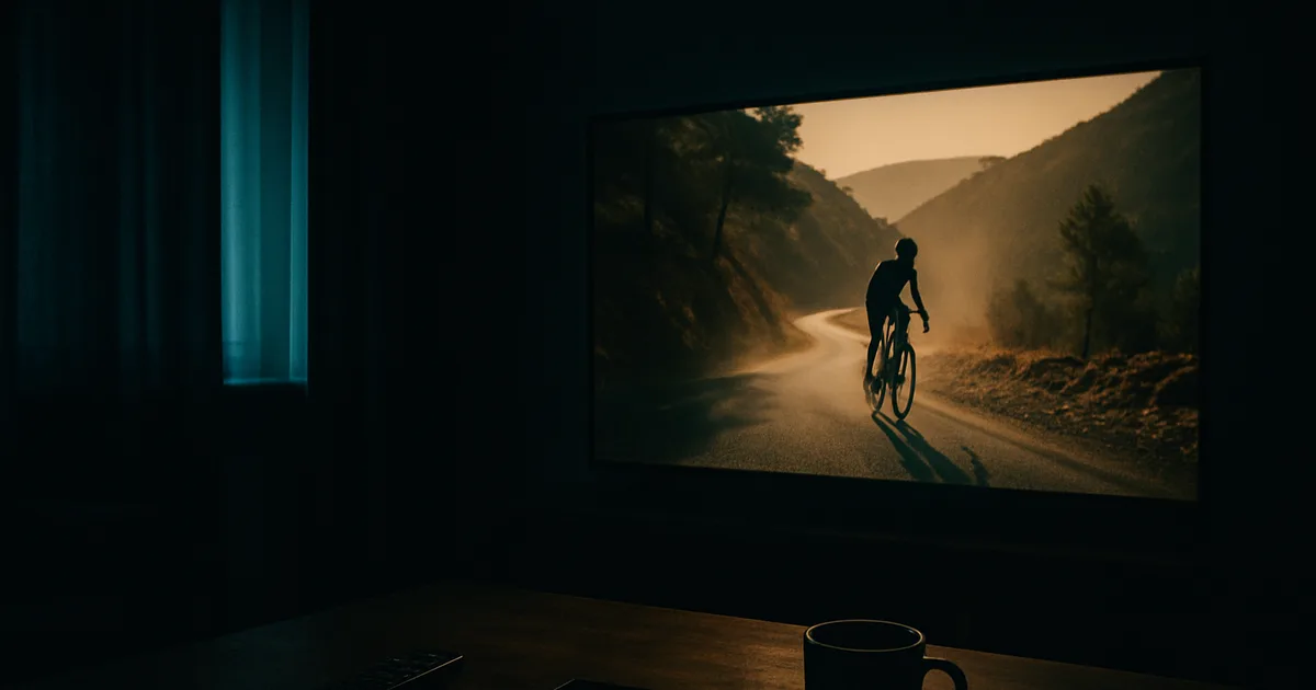 Donkere Nederlandse woonkamer in de avond, waarin het licht van een grote televisie op een lage tafel valt; op het scherm klimt een eenzame wielrenner door een dorre Spaanse bergpas in avondzon, met op de tafel een afstandsbediening, een telefoon, een kop koffie en een kalender met drie weken aangestreepte dagen.