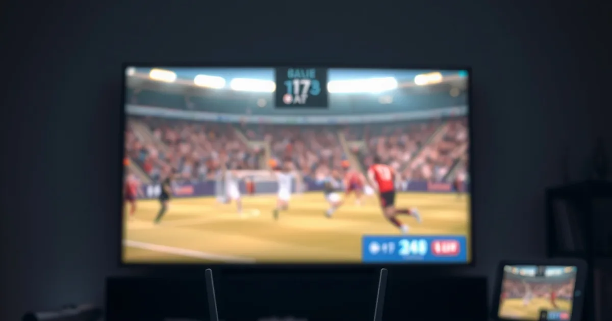 Donkere woonkamer met een gloeiende WiFi 6E-router op de voorgrond en een tv met een voetbalwedstrijd op de achtergrond