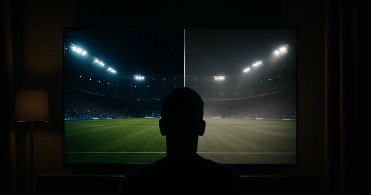 Donkere woonkamer met een grote 4K-tv waarvan de linkerhelft een scherpe, kleurrijke voetbalwedstrijd toont en de rechterhelft hetzelfde beeld dof en plat, met een silhouet van een kijker op de bank.