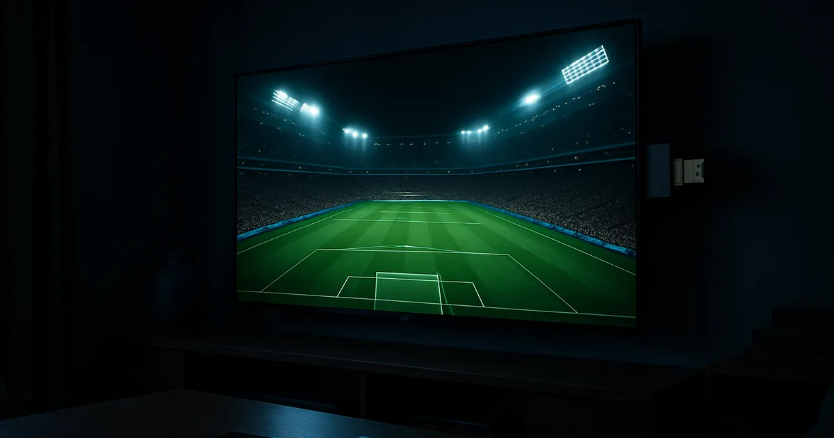 Donkere woonkamer 's avonds waarin een grote tv een WK-voetbalwedstrijd in scherp 4K toont, met een streamingstick, smartphone en afstandsbediening op de salontafel.
