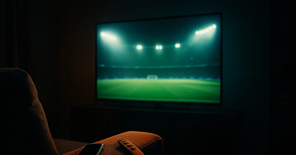 Donkere huiskamer 's avonds waar een 4K-televisie een live WK-voetbalwedstrijd toont, met een streamingstick achter het scherm en warme oranje gloed in de kamer.