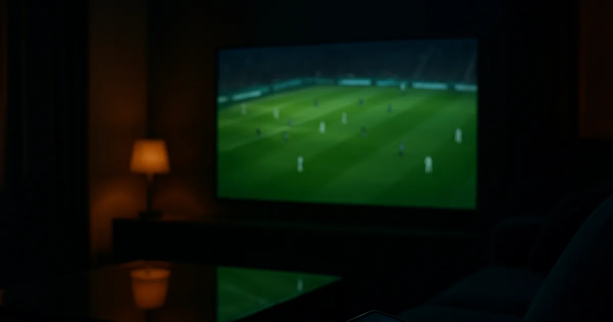 Donkere woonkamer 's avonds met een groot tv-scherm dat een verlicht voetbalveld toont, een smartphone op de armleuning, sfeervolle blauwe en amberkleurige belichting.