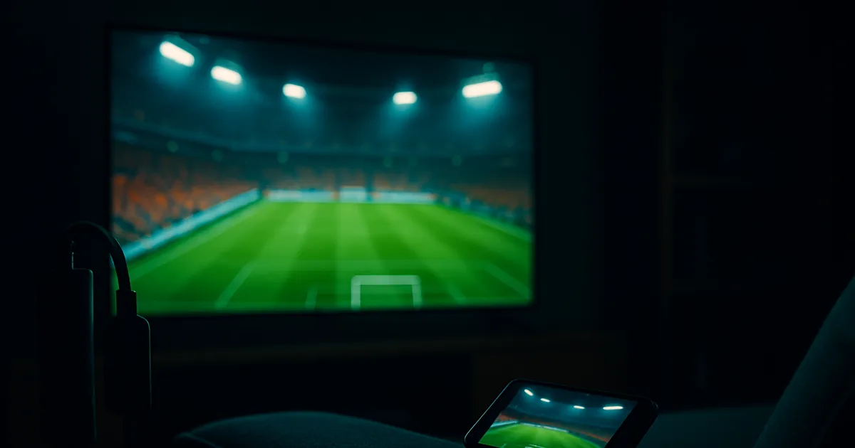 Donkere woonkamer bij nacht waar een groot 4K-scherm een WK-voetbalwedstrijd toont met een verlicht stadion en oranje publiek, met een streaming-stick en een telefoon die dezelfde wedstrijd spiegelen.